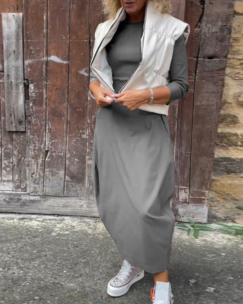 Robe élégante simple à manches longues avec poche de couleur unie