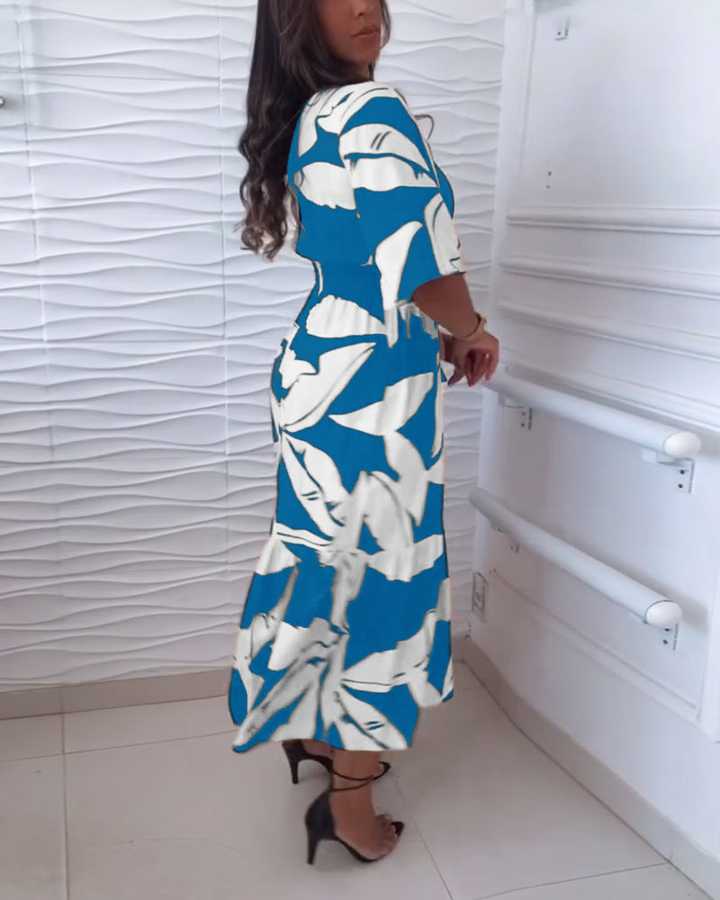 Robe élégante à col en V, manches trois-quarts et cordon de serrage