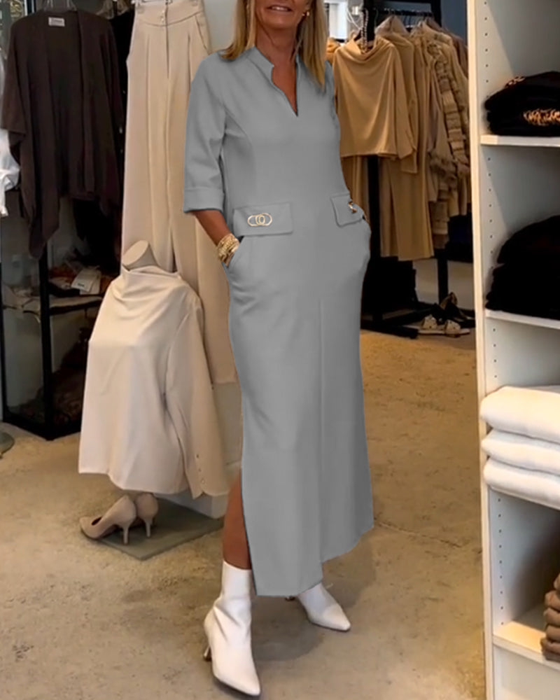 Robe fendue à manches 3/4 de couleur unie