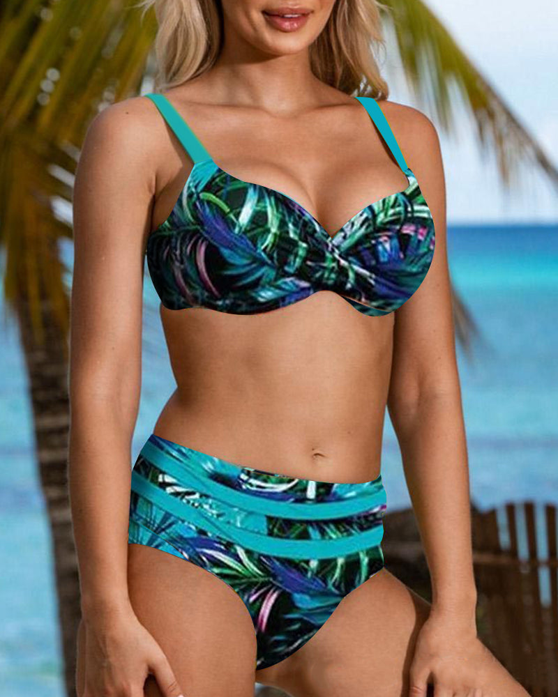 Bikini imprimé feuilles taille haute