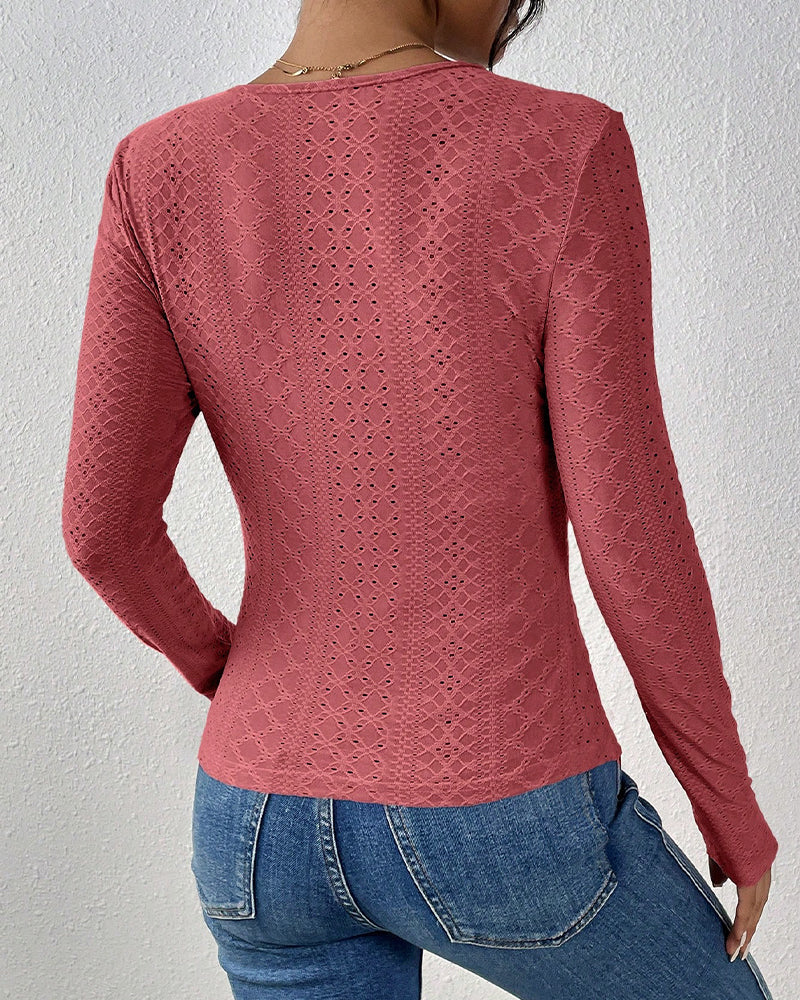 Haut À Manches Longues Col V Panneau En Dentelle