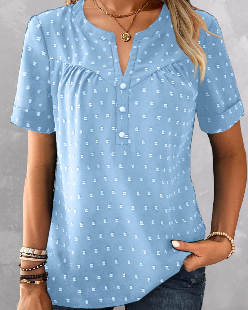 Chemisier Jacquard Col V Demi-Patte Manche Courte