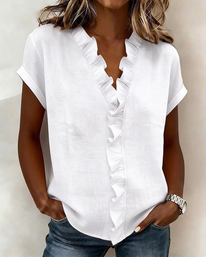 Blouse À Manches Courtes En Pur Coton Avec Col À Volants