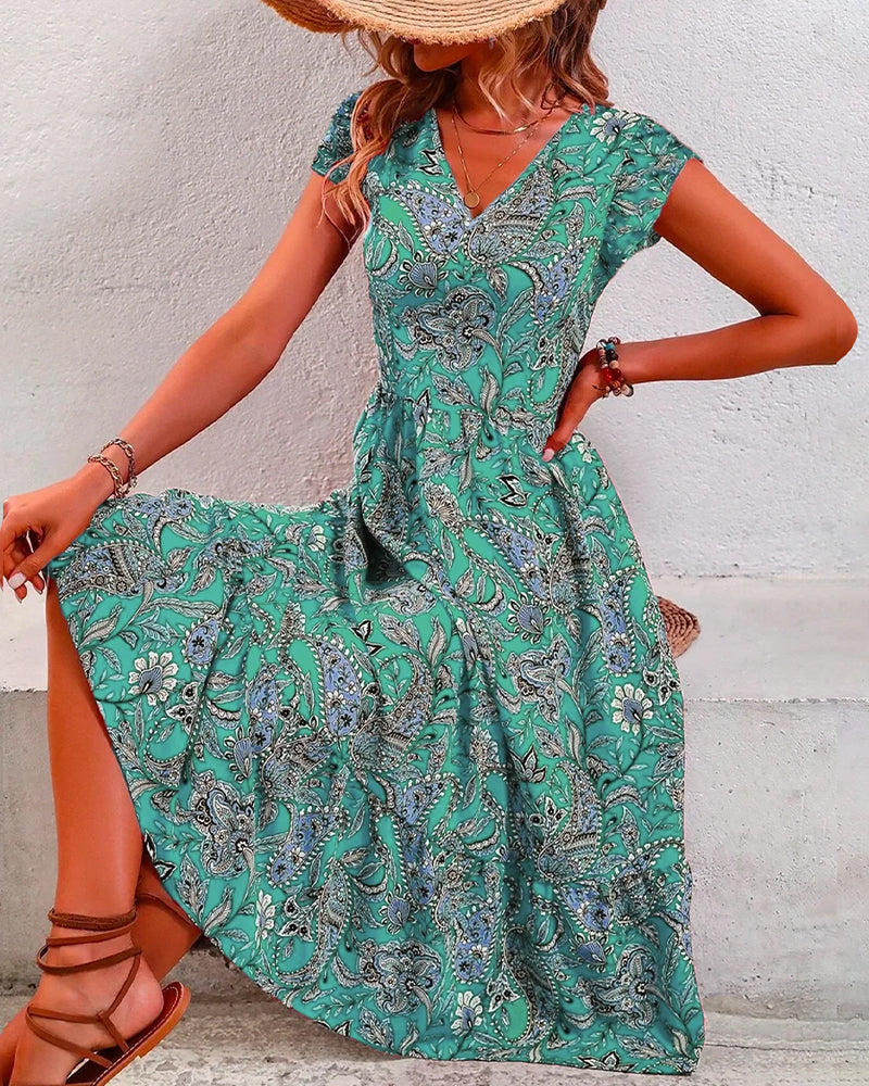 Robe col V fleurie manches courtes