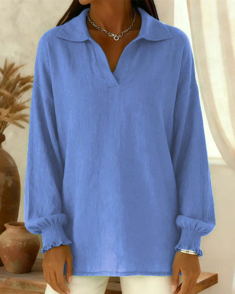 Blouse Coton Manche Lanterne Col Uni