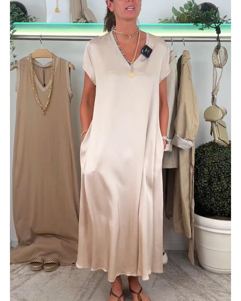 Robe décontractée de couleur unie avec poche et col en V