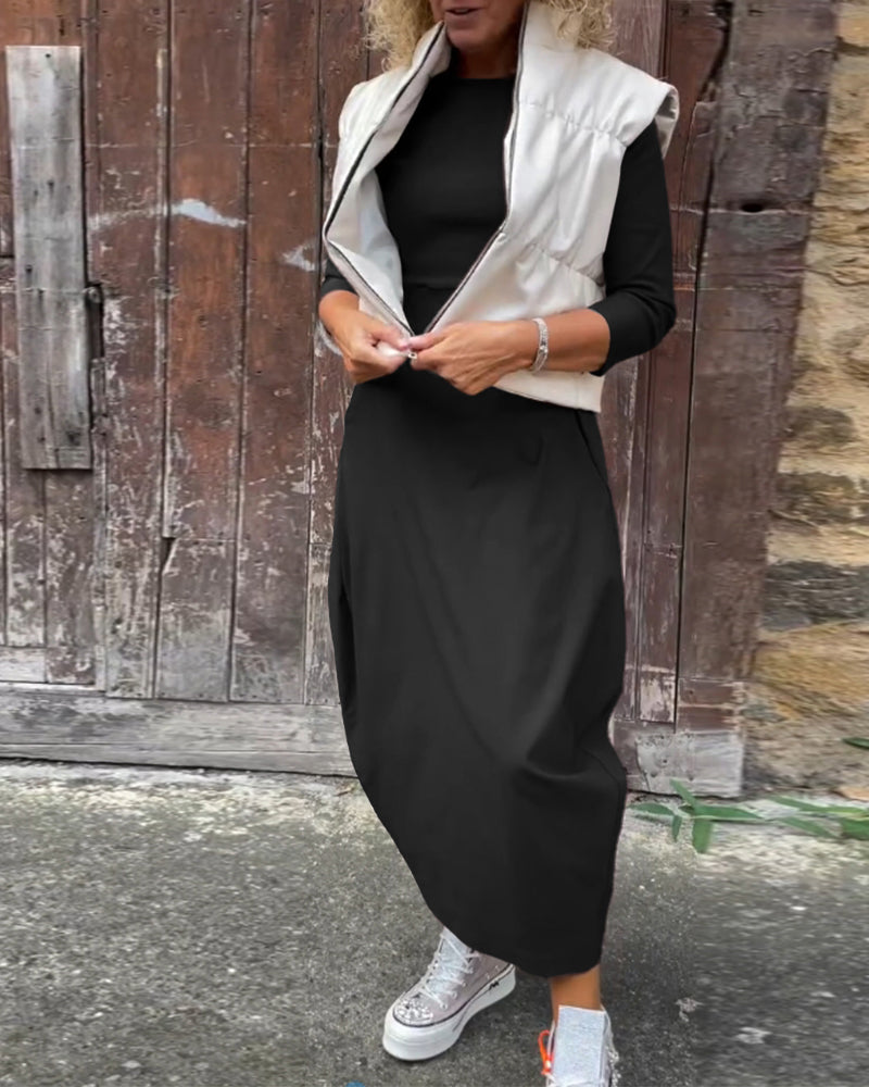 Robe élégante simple à manches longues avec poche de couleur unie