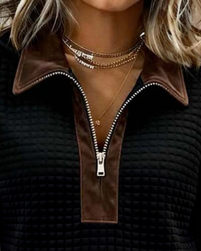 Sweatshirt Revers Fermeture Éclair Poche Bloc De Couleur