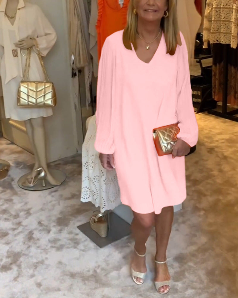 Robe col en V à manches lanternes de couleur unie