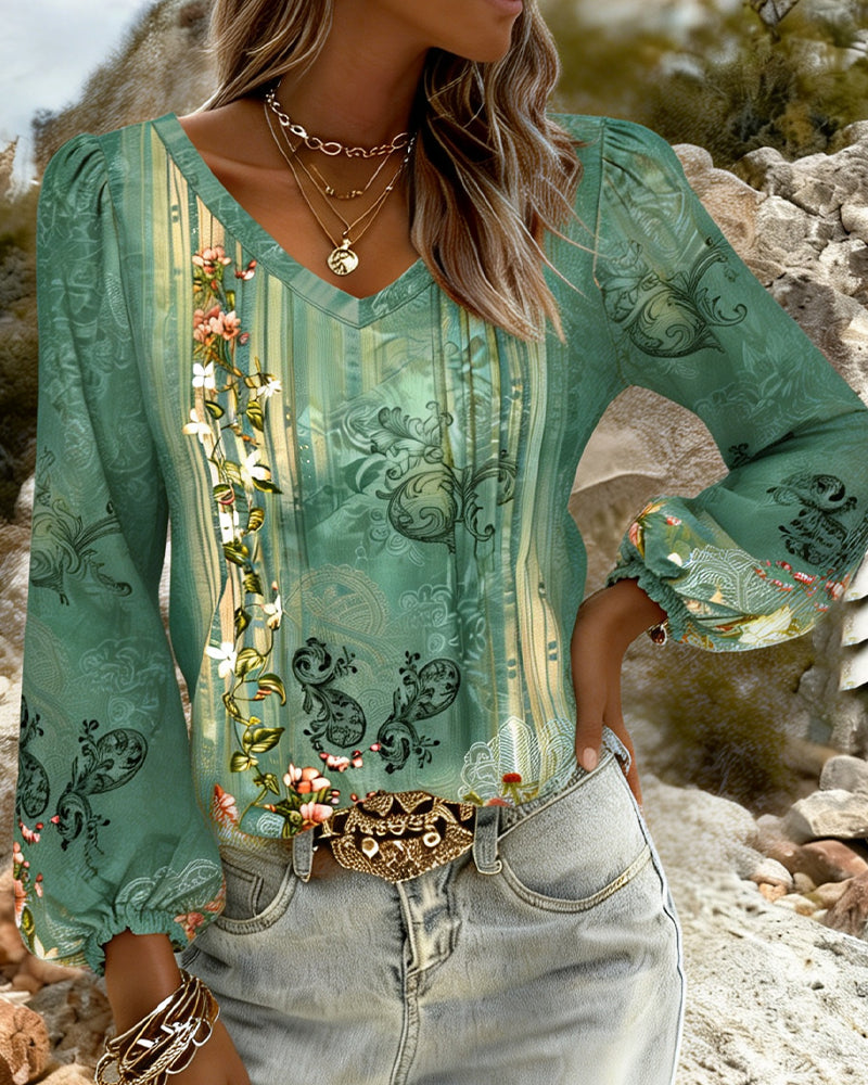 Blouse Fleurie Col V Manches Bouffantes