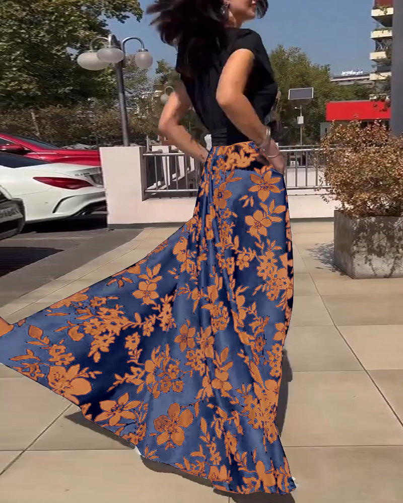 Robe élégante à imprimé floral et manches raglan en V profond