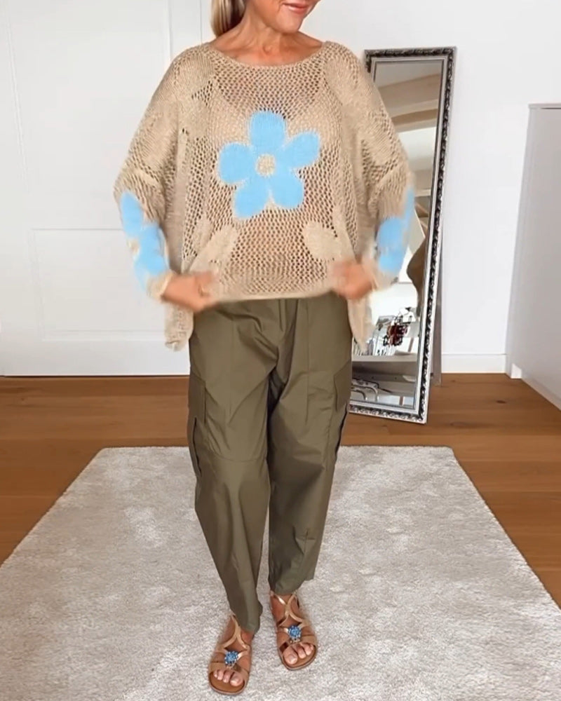 Pull creux décontracté à manches longues et col rond à fleurs