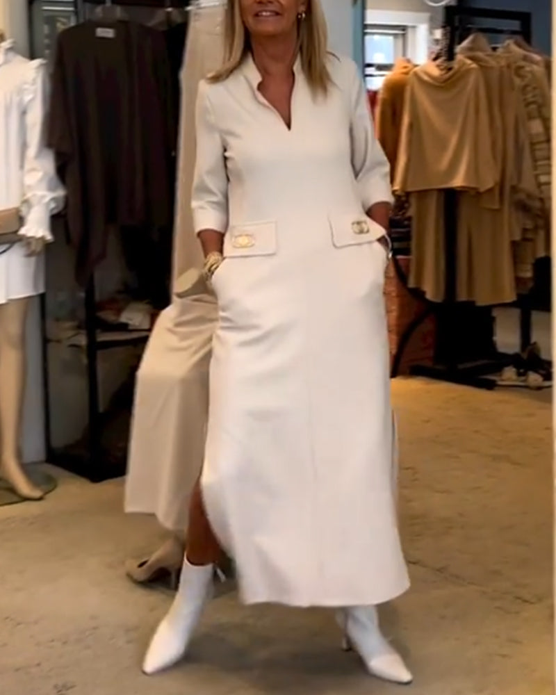 Robe fendue à manches 3/4 de couleur unie