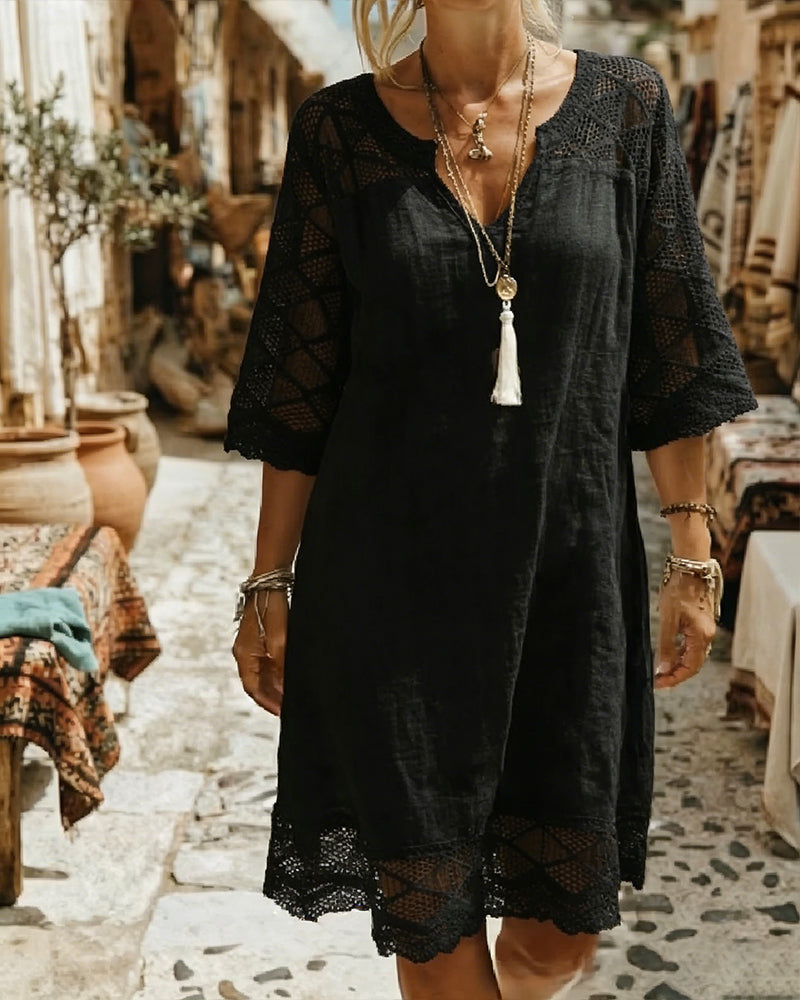 Robe Col V Dentelle Patchwork Décontractée