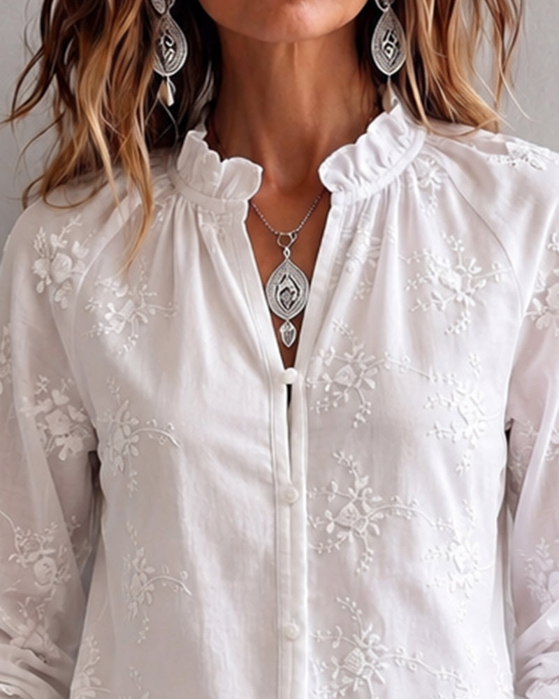 Blouse Bordure Volant Col Mandarin