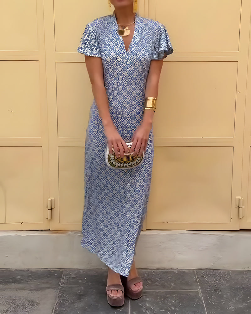 Robe Col V Imprimé Diamant Manche Volantée