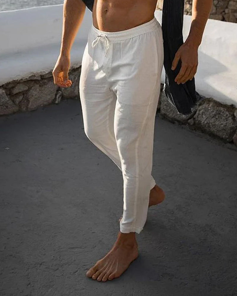 Pantalon de couleur unie respirant en coton lin