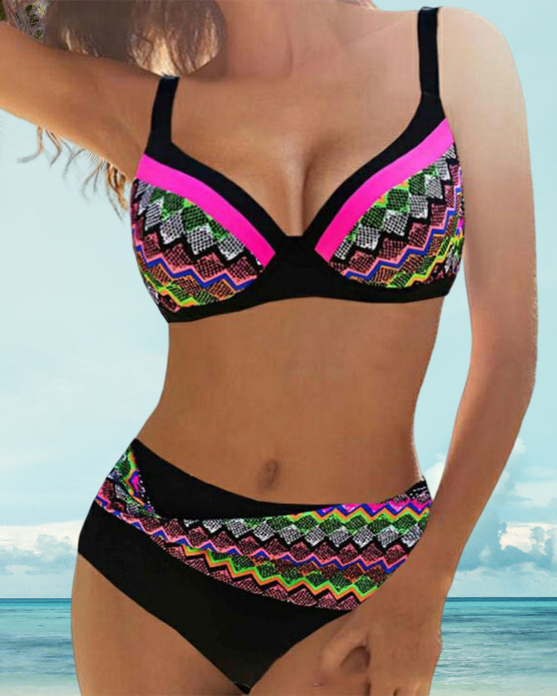 Bikini push up taille haute à imprimé rayé