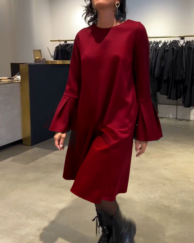 Robe Uni Manche Évasée Froncé