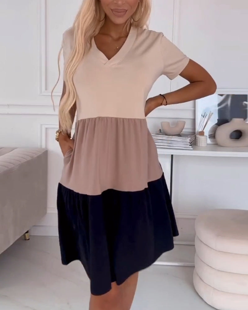 Robe décontractée à manches courtes bloc de couleur