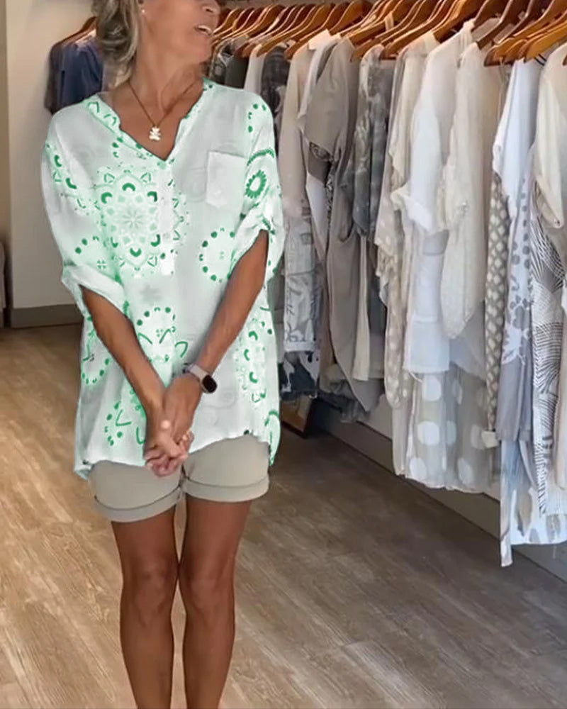 Blouse Polyvalente Col En V Imprimée Manches Mi-Longues