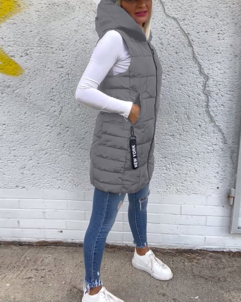 Manteau matelassé sans manches à capuche et fermeture éclair