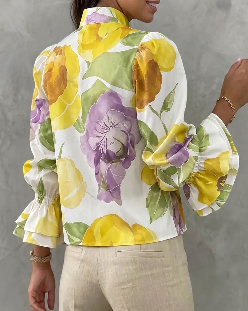 Blouse À Col Montant À Manches Longues À Grands Fleurs Aquarelle