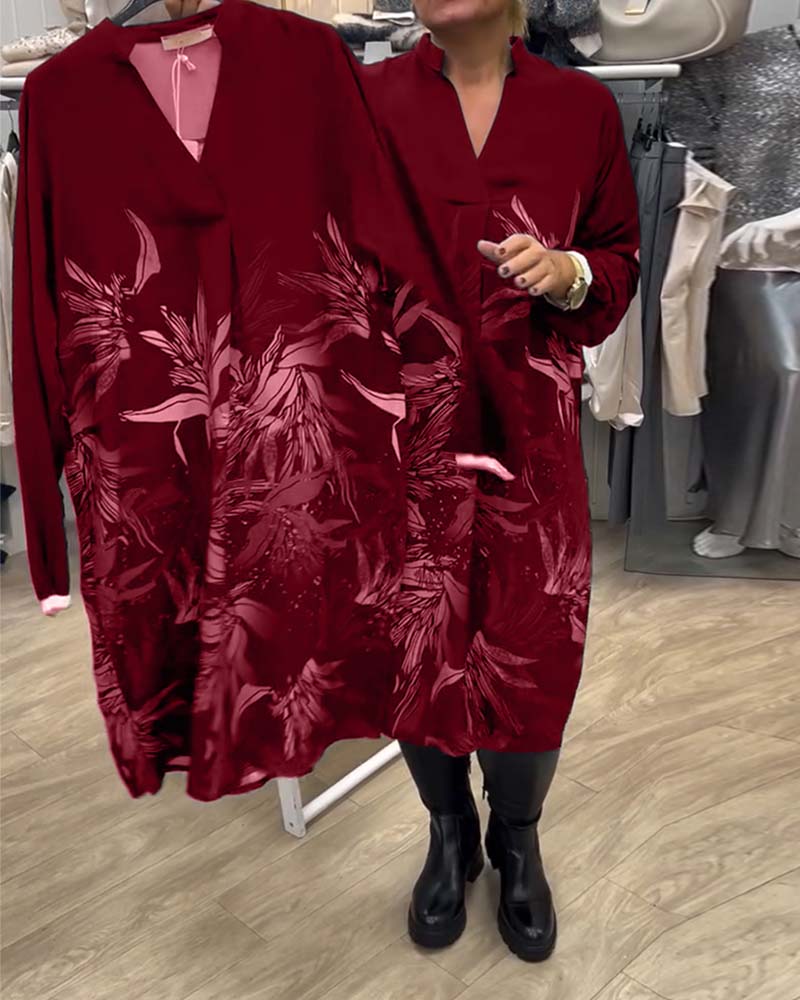 Robe Col V Imprimé Feuilles Manches Longues