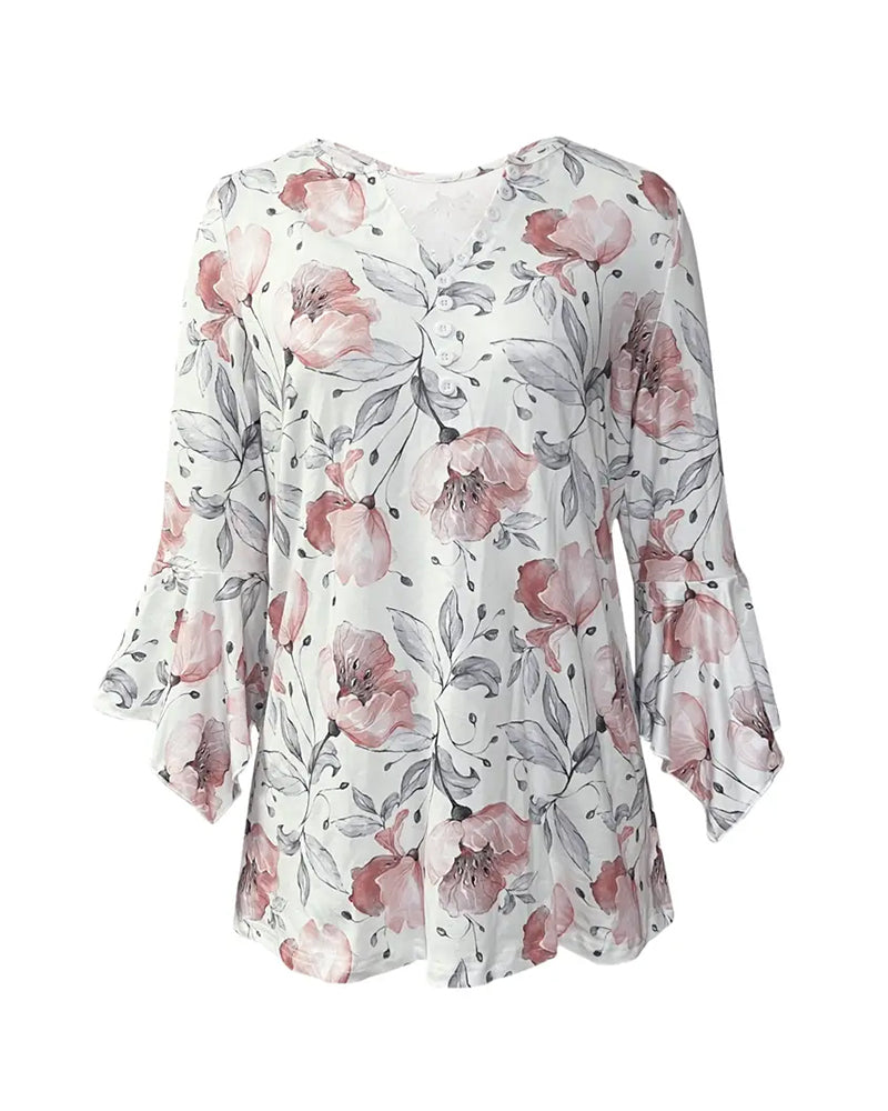 Blouse Manches Évasées Imprimée Volants