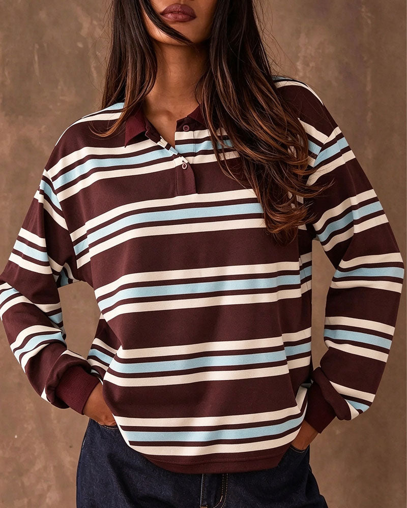Haut Revers Bloc De Couleur Rayé Manches Longues