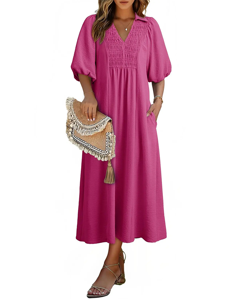 Robe Col V Rabat Manche Bouffante Maxi
