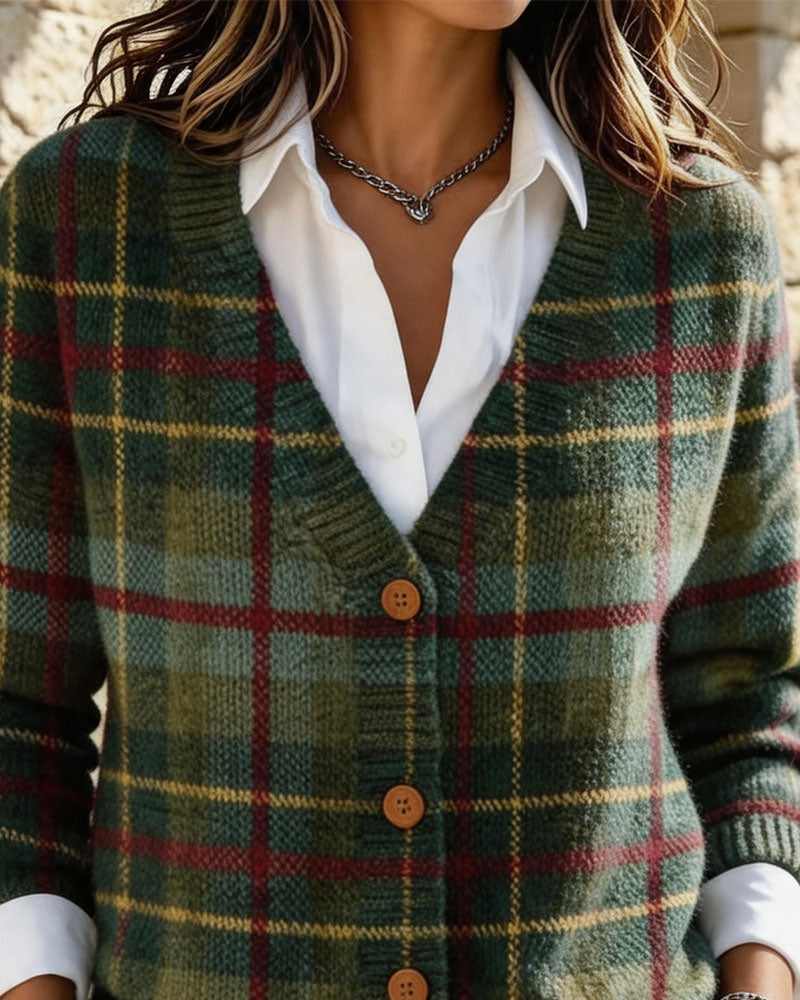 Cardigan Vintage À Carreaux Col V Bouton