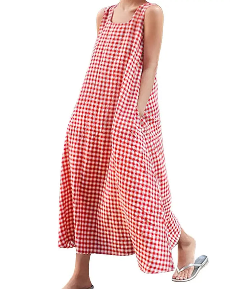 Robe À Carreaux Sans Manches Col Carré Maxi