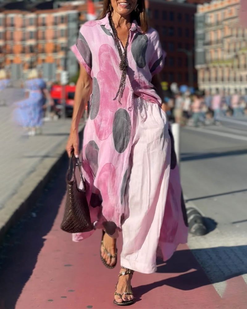 Robe Col Chemise Polka Dot Contraste Fente