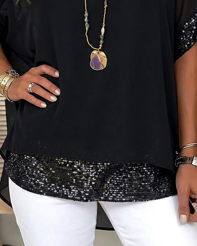 Blouse Paillettes Patchwork Transparent Lâche