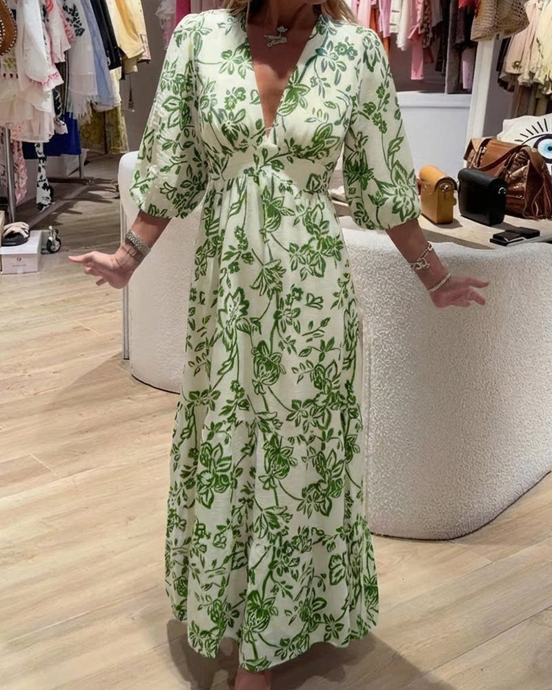 Robe Décolleté Profond En V Élégant Floral Longue