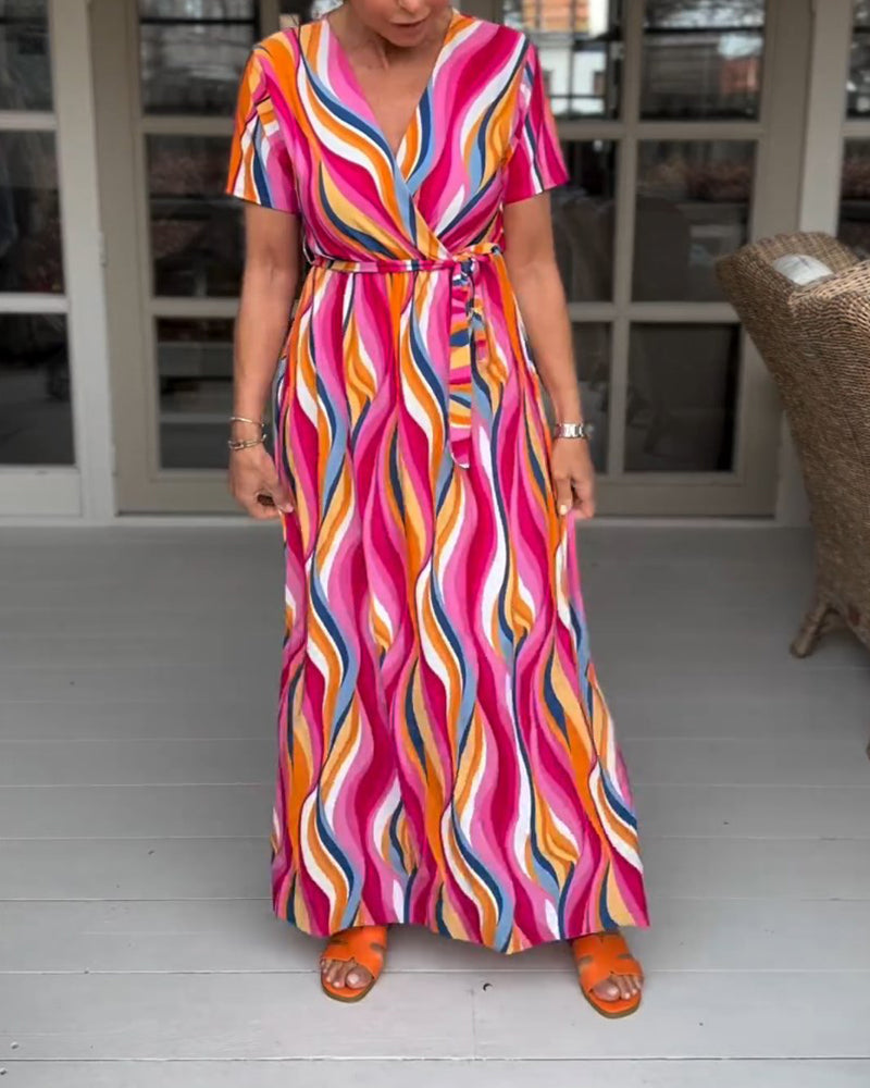 Robe longue à lacets à manches courtes et imprimé coloré