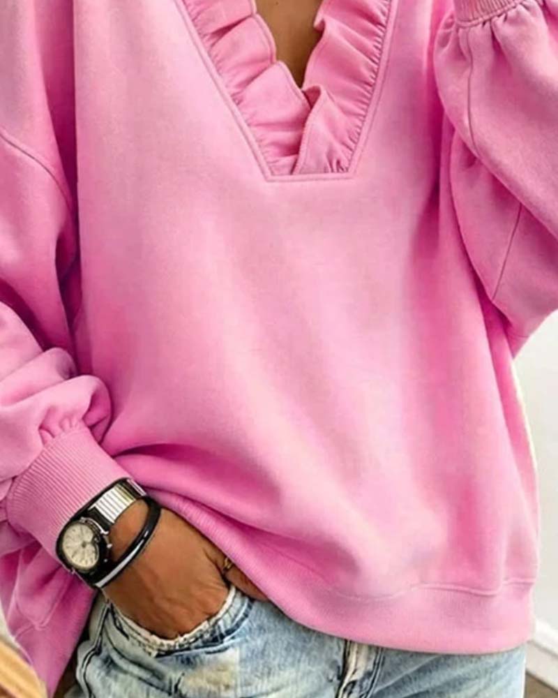 Sweatshirt Volant Col En V Épaule Tombante