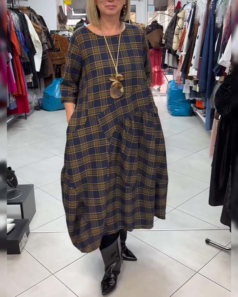 Robe À Carreaux Imprimée À Col Rond