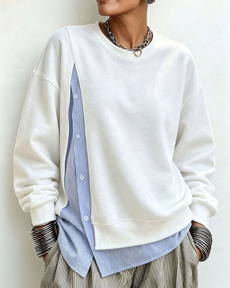 Sweatshirt Fausse Superposition Patchwork Col Rond