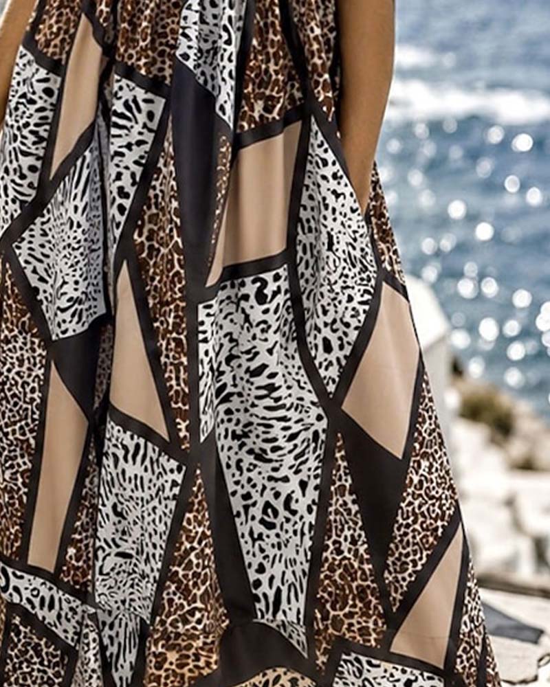 Robe Géométrique Patchwork Léopard Jupe Ample Maxi