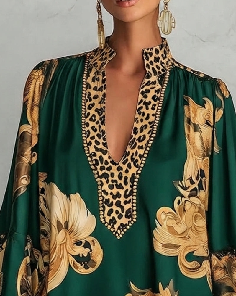 Robe Léopard Manche Lanterne Col Montant Imprimé