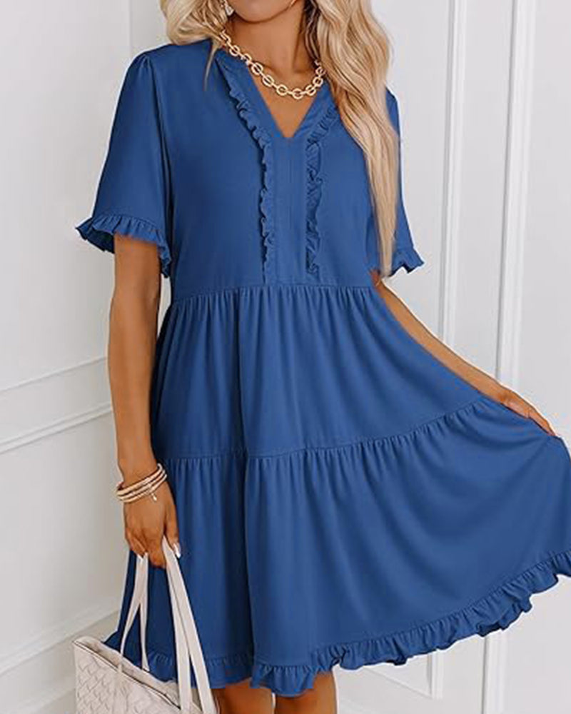 Robe Bordure Volantée Col En V Ourlet Superposé