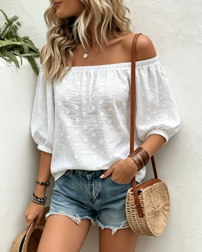 Blouse Jacquard Hors Épaule Manches Ballon
