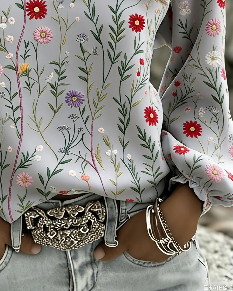 Blouse Imprimé Fleuri Manche Bouffante Col V