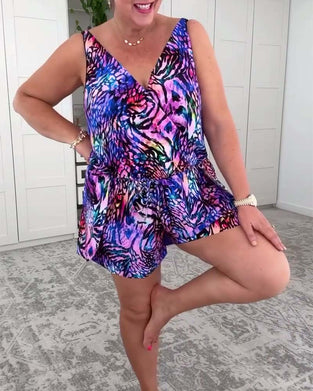 Maillot de Bain V-Col Imprimé Coloré Une Pièce