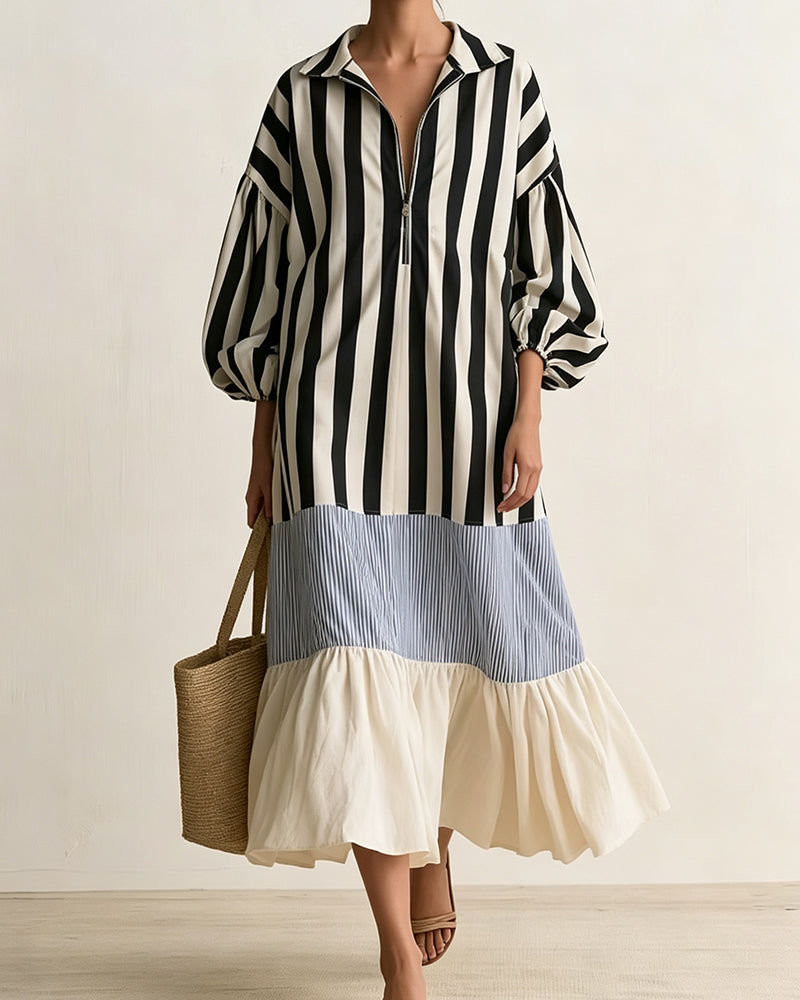 Robe Col Fermeture Éclair Rayé Bloc de Couleur Superposé