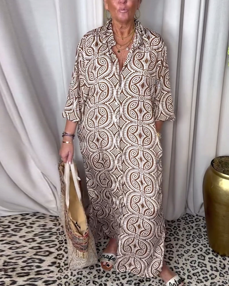 Robe longue imprimée vintage avec poche à revers