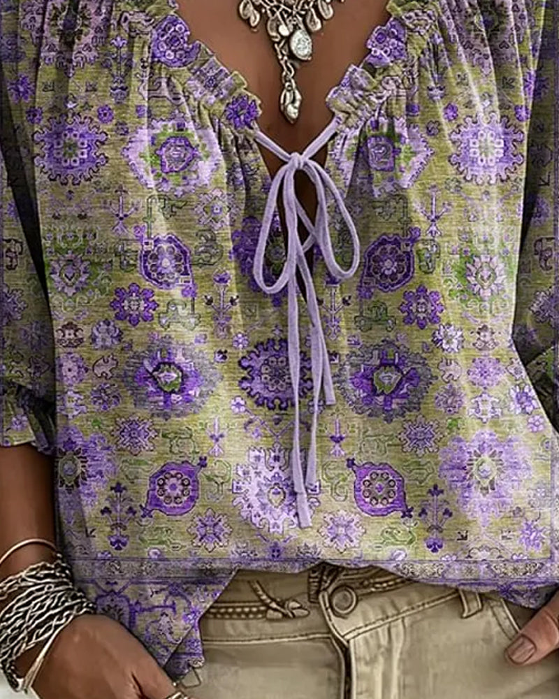 Blouse Col V Attache Vintage Imprimé