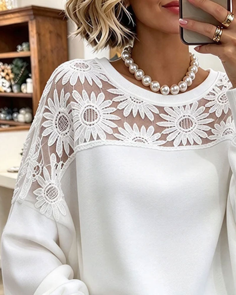 Sweat Col Rond Tournesol Dentelle Patchwork